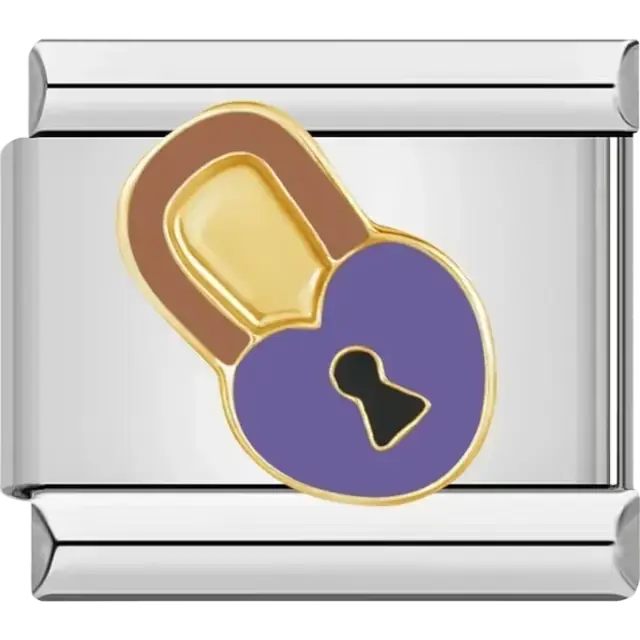 Gold heart-shaped purple padlock design with keyhole Italian charm bracelet link