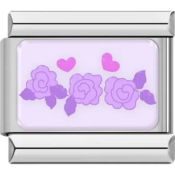 Purple roses with pink hearts on light purple background Italian charm bracelet link