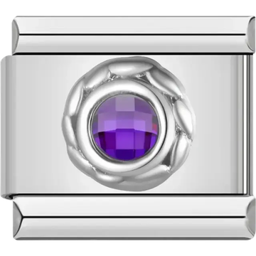 Purple round stone with silver braided border Italian charm bracelet link