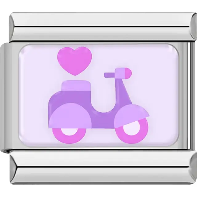 Purple scooter with pink heart on light purple background Italian charm bracelet link