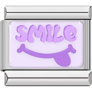 Purple "SMILE" text with smiling face and tongue on light purple background Italian charm bracelet link
