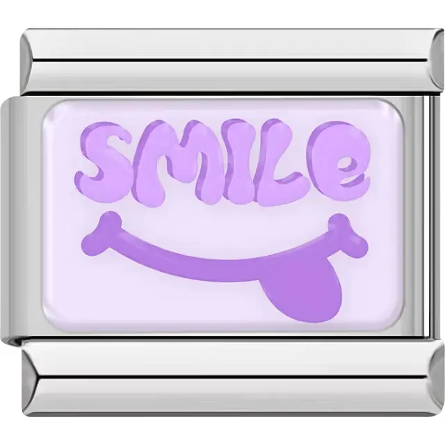 Purple "SMILE" text with smiling face and tongue on light purple background Italian charm bracelet link