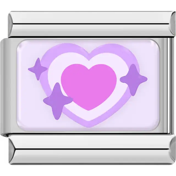Pink heart with purple layered hearts and sparkle stars on light purple background Italian charm bracelet link