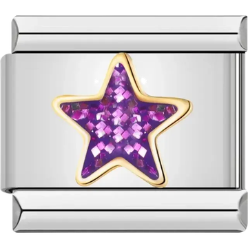 Purple glitter-filled star with a gold outline Italian charm bracelet link
