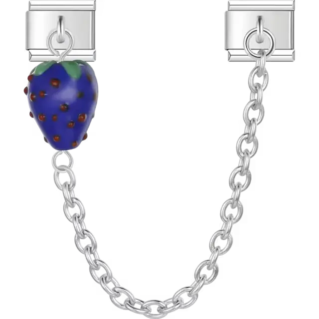 Purple strawberry with brown polka dots and green top connected by silver chain Italian charm bracelet link