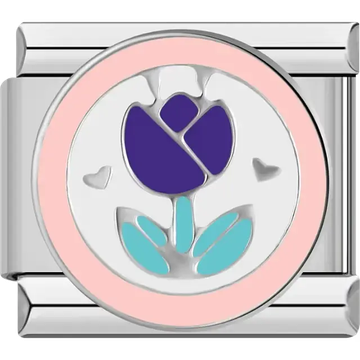 Purple tulip with turquoise leaves pink border Italian charm bracelet link