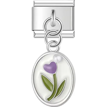 Oval pendant with purple heart tulip green leaves dangle Italian charm bracelet link