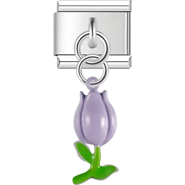 Purple tulip dangle with green stem and leaves Italian charm bracelet link