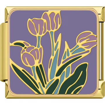 Gold outline purple tulip flowers with green stems and leaves on a lavender background Italian charm bracelet link