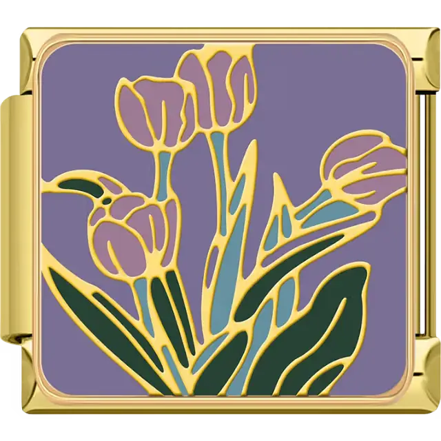 Gold outline purple tulip flowers with green stems and leaves on a lavender background Italian charm bracelet link