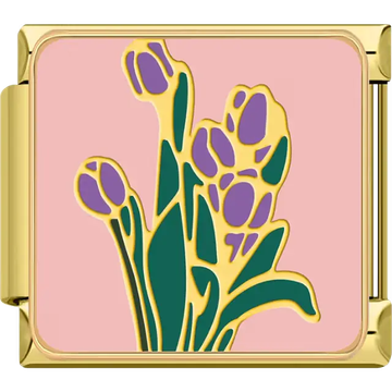 Gold outline purple tulip flowers with green stems and leaves on a pink background Italian charm bracelet link