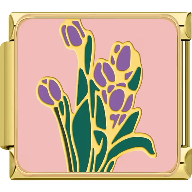 Gold outline purple tulip flowers with green stems and leaves on a pink background Italian charm bracelet link