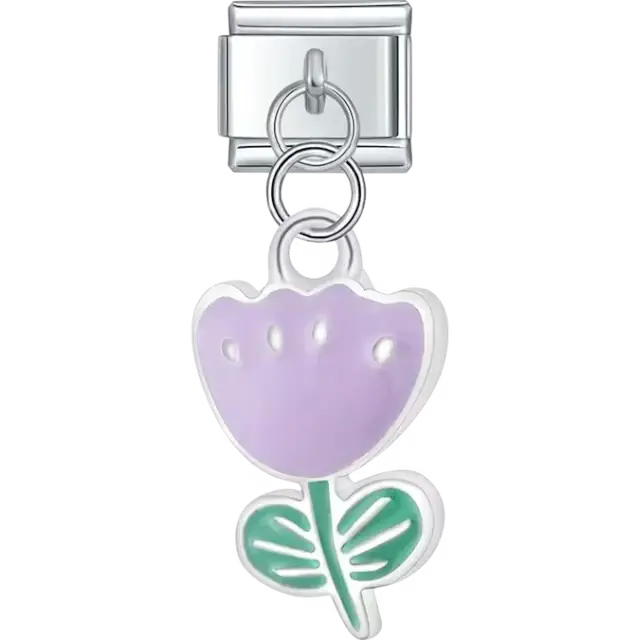 Purple tulip pendant with green leaves and silver outlining Italian charm bracelet link