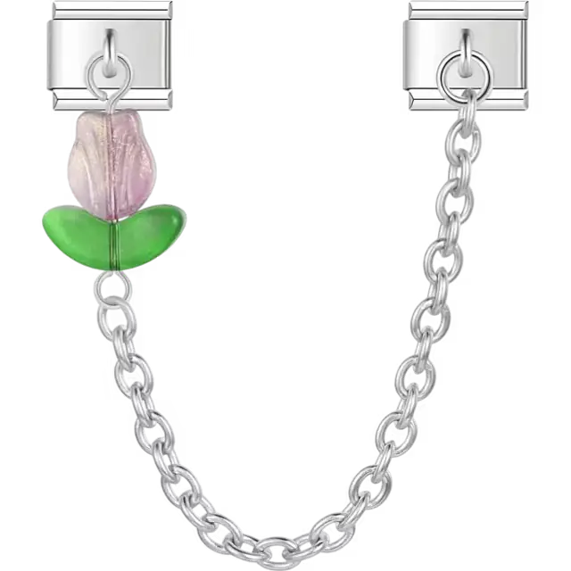 Purple tulip with green leaves connected by chain Italian charm bracelet link