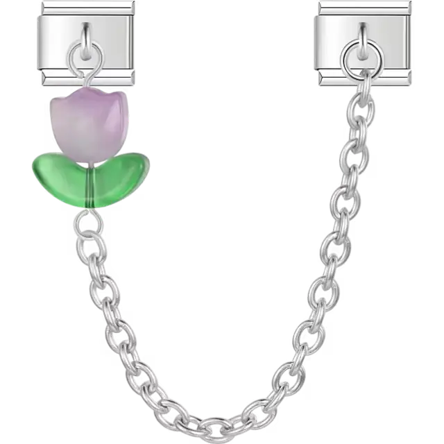 Purple tulip flower with green leaves connected by a chain Italian charm bracelet link