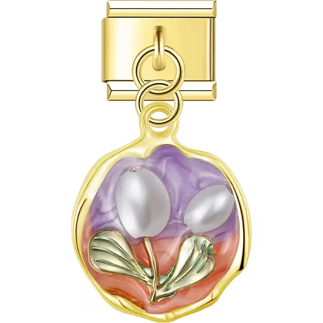 Gold round pendant with pearl tulips on purple and orange shell inlay dangle Italian charm bracelet link