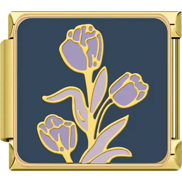 Purple tulips gold outline navy blue background Italian charm bracelet link