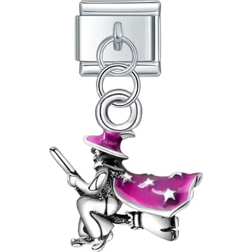 Witch design with a purple hat and cape featuring white star details dangle Italian charm bracelet link