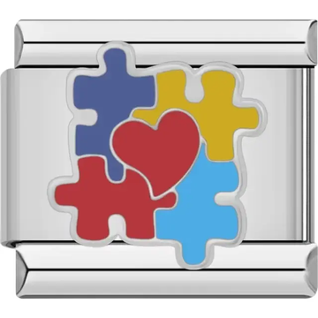 Colorful puzzle piece design with a red heart Italian charm bracelet link