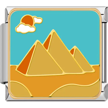 Three golden pyramids on yellow sand with a blue sky, sun, and cloud inspired by the ancient wonders and mythology of Egypt Italian charm bracelet link