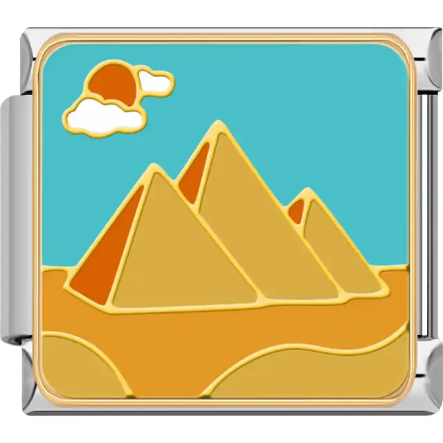 Three golden pyramids on yellow sand with a blue sky, sun, and cloud inspired by the ancient wonders and mythology of Egypt Italian charm bracelet link