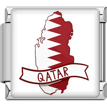 Maroon and white map of Qatar with zigzag pattern white banner with Qatar text Qatar map flag Italian charm bracelet link