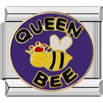 Yellow bee with crown and “Queen Bee” text circular charm Italian charm bracelet link