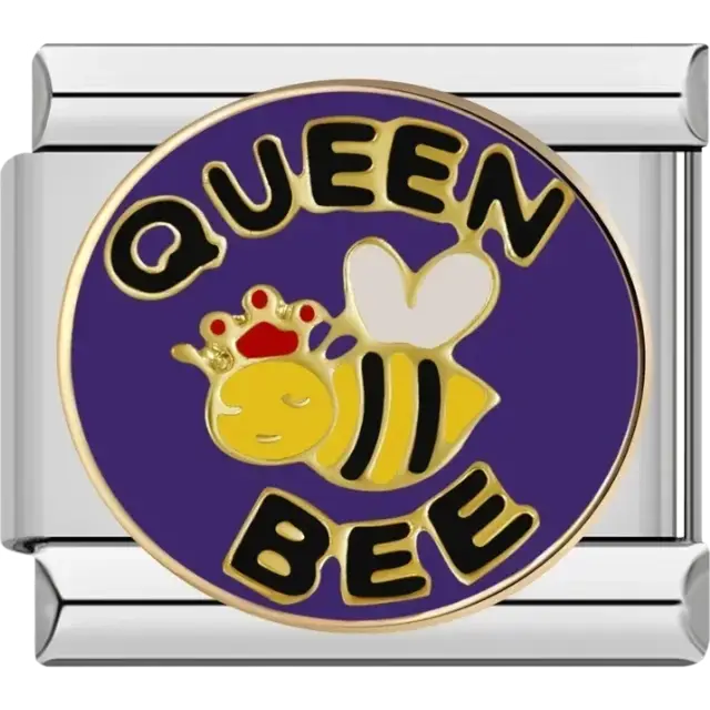 Yellow bee with crown and “Queen Bee” text circular charm Italian charm bracelet link