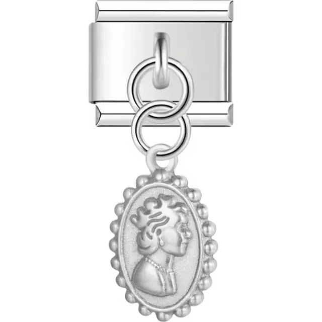 Oval cameo with queen profile portrait dangle Italian charm bracelet link