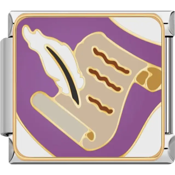 White quill with gold scroll on a purple background Italian charm bracelet link