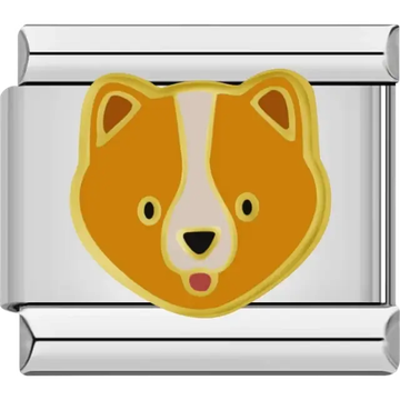 Cute golden bear face with white and brown details outlined in gold Italian charm bracelet link