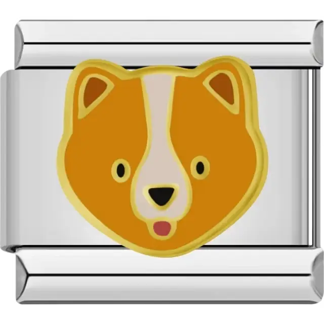 Cute golden bear face with white and brown details outlined in gold Italian charm bracelet link