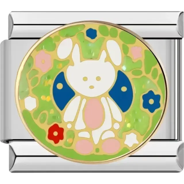 Rabbit surrounded by colorful flowers and greenery Italian charm bracelet link