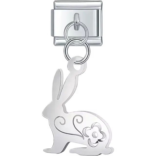 Silver bunny silhouette flower detail dangle Italian charm bracelet link