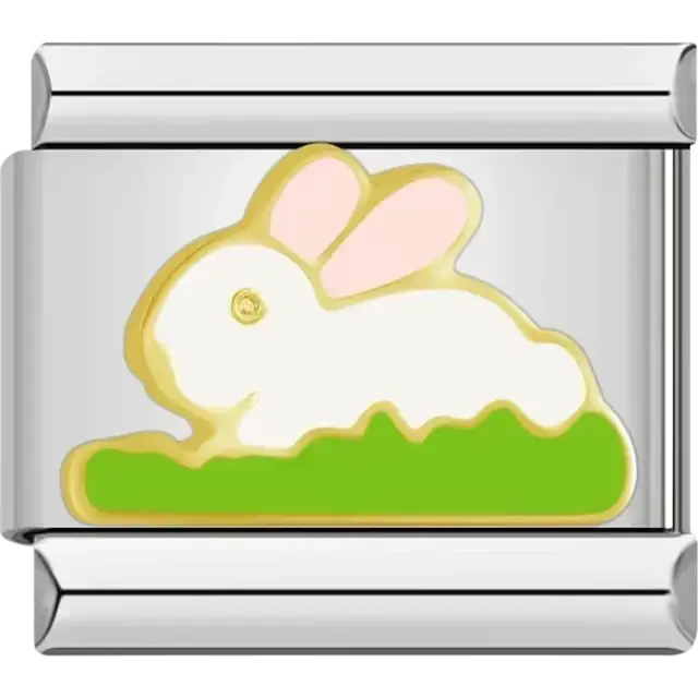 White rabbit with pink ears resting on green grass Italian charm bracelet link