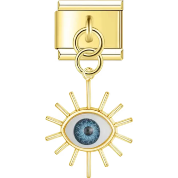 Gold dangling eye with a blue center and radiant gold rays Italian charm bracelet link