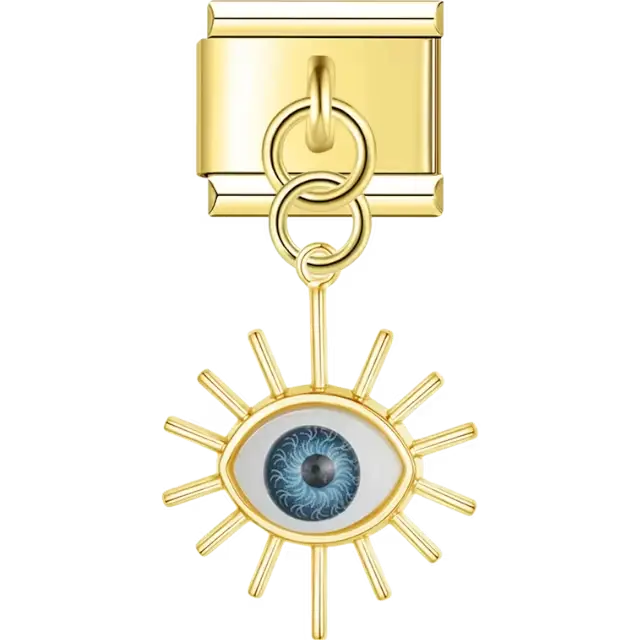 Gold dangling eye with a blue center and radiant gold rays Italian charm bracelet link