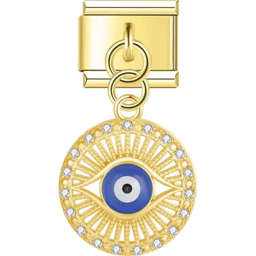 Gold dangling circle with a blue evil eye, sunburst details, and crystal accents Italian charm bracelet link