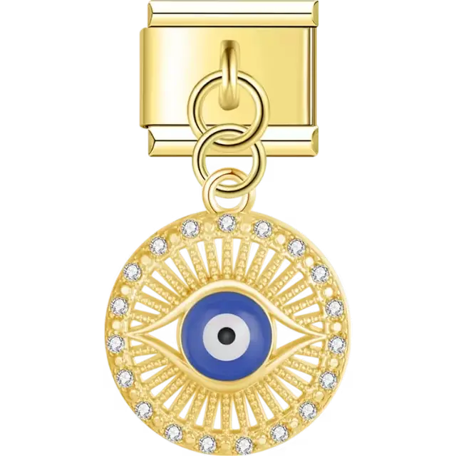 Gold dangling circle with a blue evil eye, sunburst details, and crystal accents Italian charm bracelet link