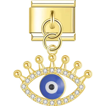 Gold dangling eye-shaped design with a blue evil eye, crystal accents, and spiked eyelash details Italian charm bracelet link