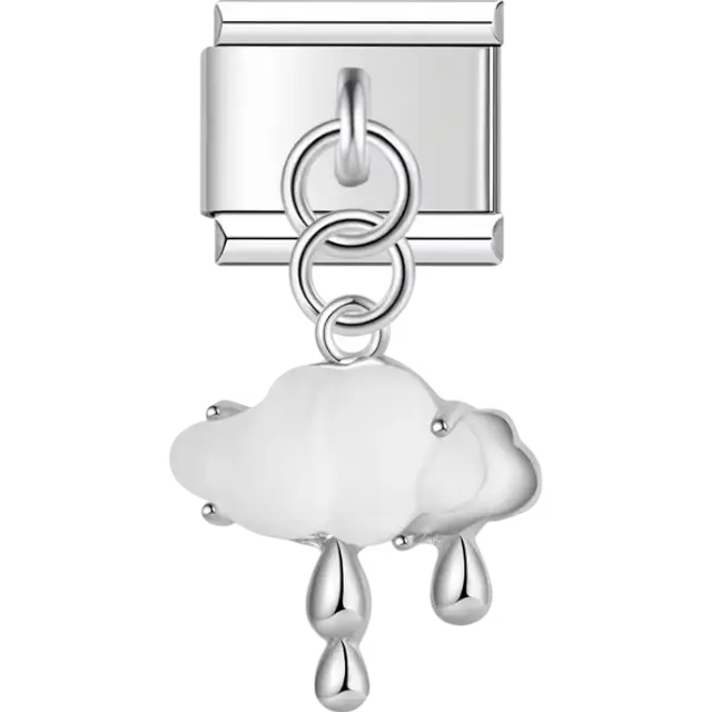 White rain cloud with silver raindrop dangles Italian charm bracelet link