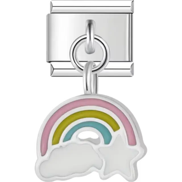 Pink yellow and blue rainbow with white cloud and star dangle Italian charm bracelet link