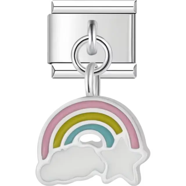 Pink yellow and blue rainbow with white cloud and star dangle Italian charm bracelet link