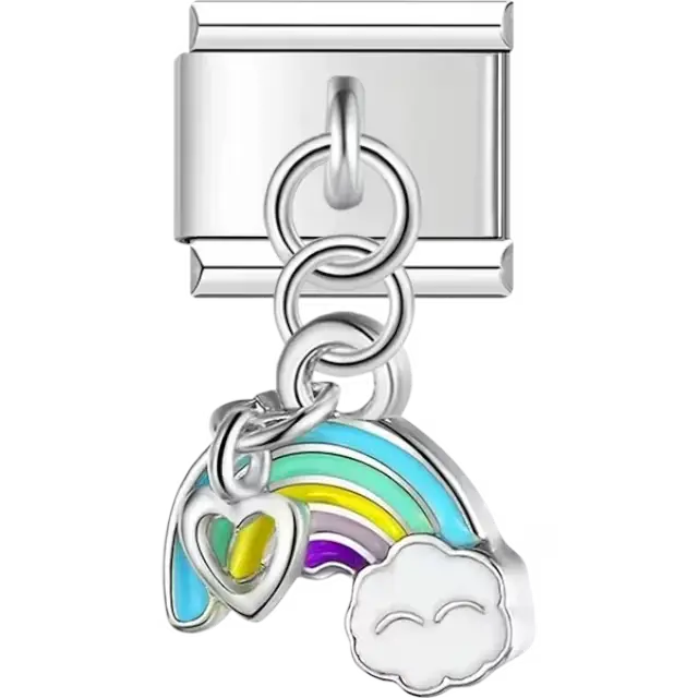 Colorful rainbow pendant with a smiling cloud and heart design Italian charm bracelet link
