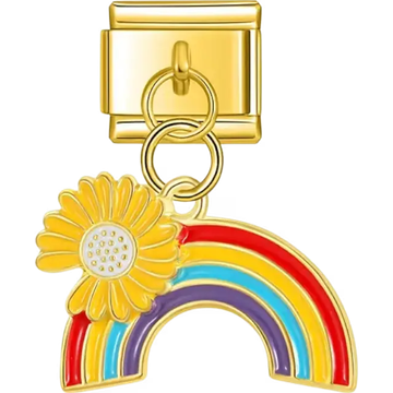 Gold dangle with a rainbow design featuring red yellow blue and purple arcs and a yellow daisy flower Italian charm bracelet link