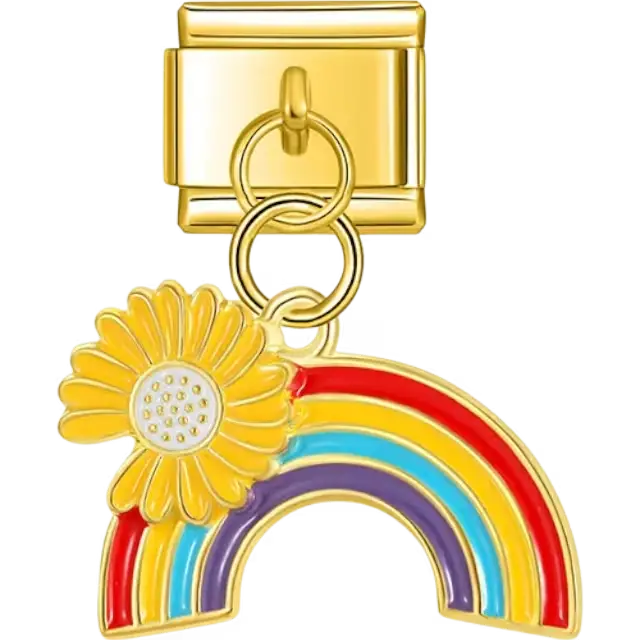 Gold dangle with a rainbow design featuring red yellow blue and purple arcs and a yellow daisy flower Italian charm bracelet link