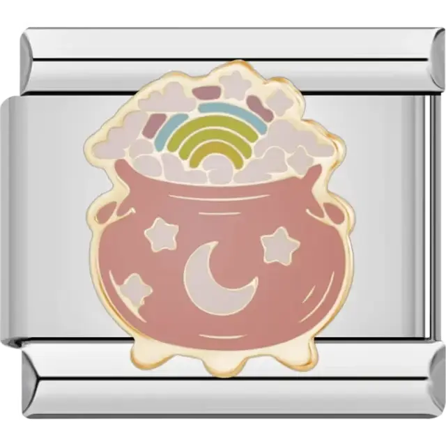 Pink cauldron design with moon stars and rainbow detail Italian charm bracelet link