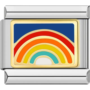 Rainbow charm with red orange yellow and turquoise arcs on a blue background Italian charm bracelet link