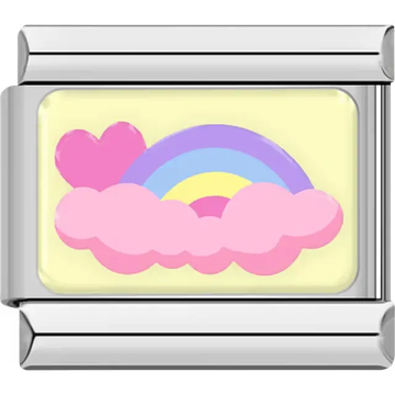 Pink heart with blue rainbow and pink clouds on yellow background Italian charm bracelet link