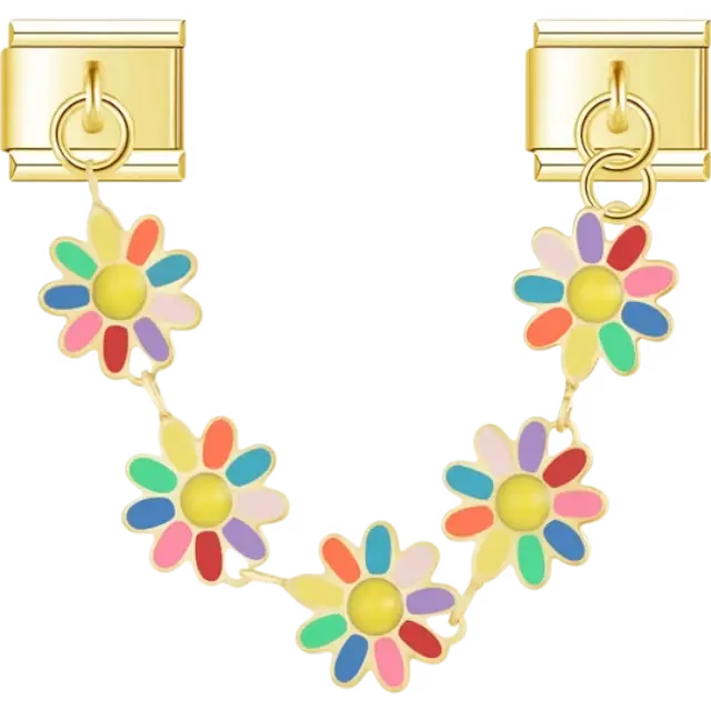 Gold chain with rainbow daisy flower designs Italian charm bracelet link